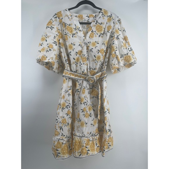 Joie Dresses & Skirts - Joie Yellow Floral Mini Dress Short Sleeve Belted V-Neck Ruffle Hem Size 16